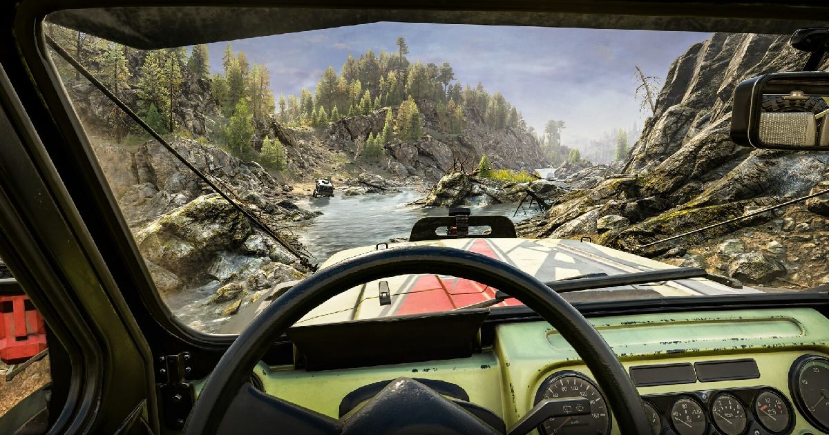A first-person shot from inside an off-road vehicle in Expeditions: A MudRunner Game, with the driver driving through a rocky stream.