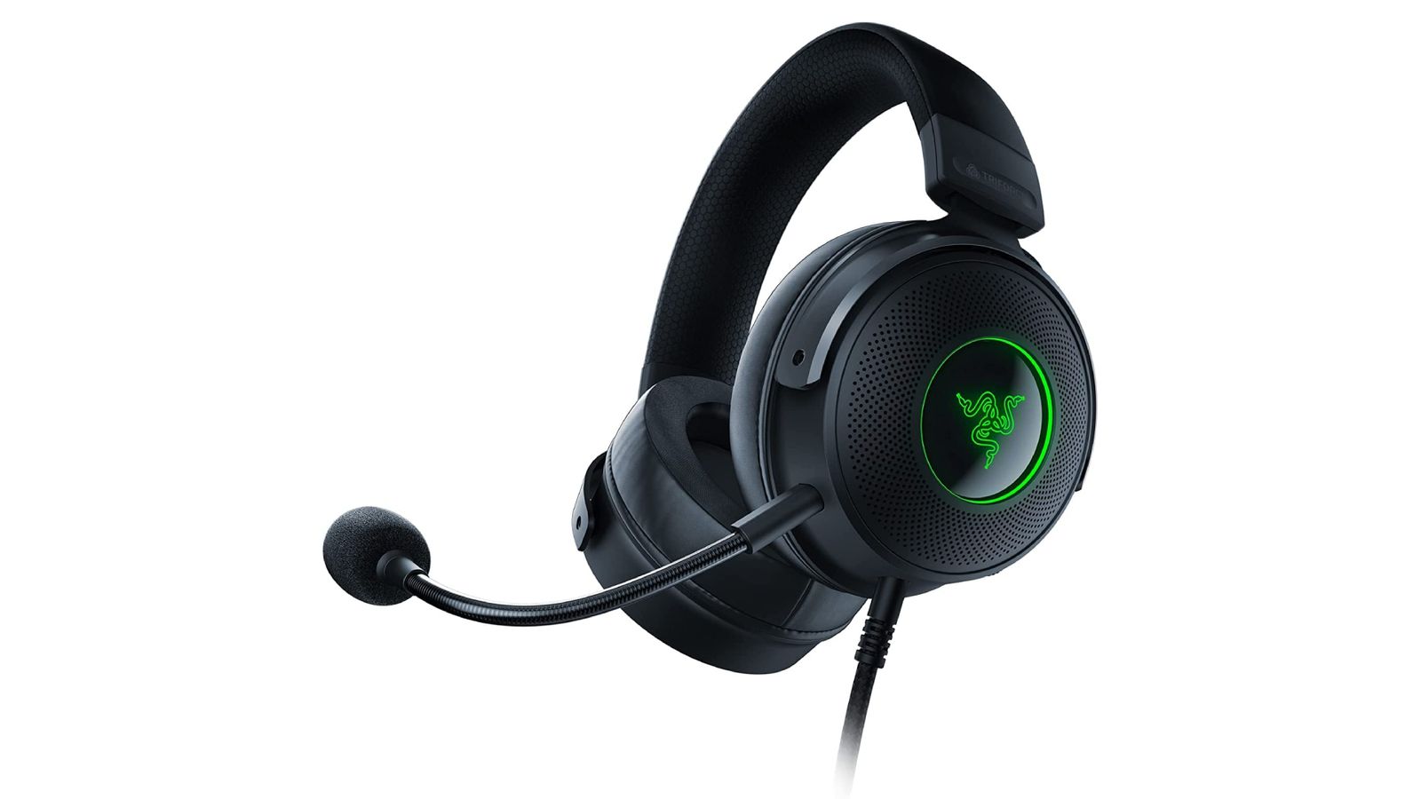 Razer Kraken V3 product image of a black headset with a mic featuring green Razer branding on the earcups.