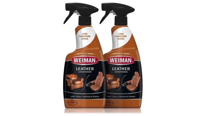 Best car leather cleaner Weiman product image of a brown and black spray bottle with red branding.