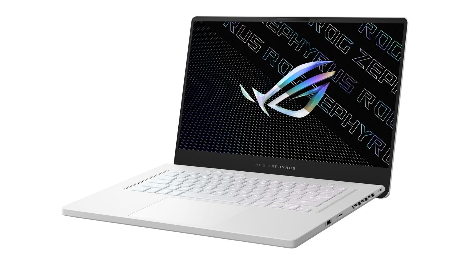 ASUS ROG ZEPHYRUS G15 product image of a white and black laptop with ASUS ROG branding on the display.
