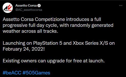 Assetto Corsa Competizione für Xbox Series X/S & PS5 - Release im