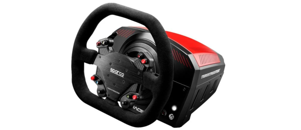 Thrustmaster TS-XW product image of a black and red racing wheel.