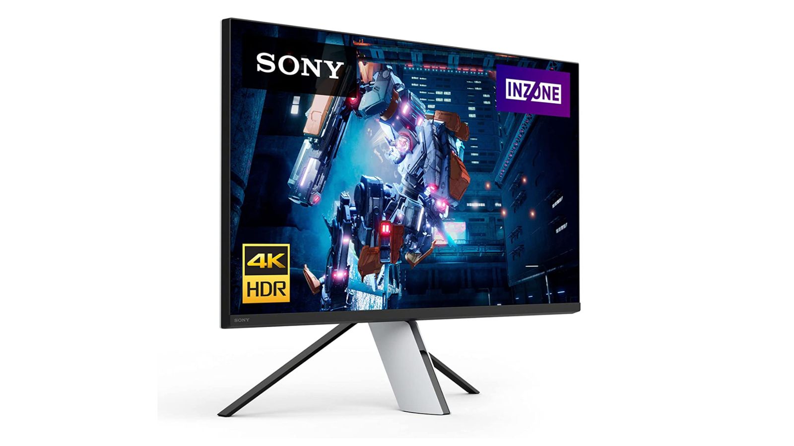 Sony INZONE M9 product image of a silver and grey monitor with an image of a flying robot on the display.