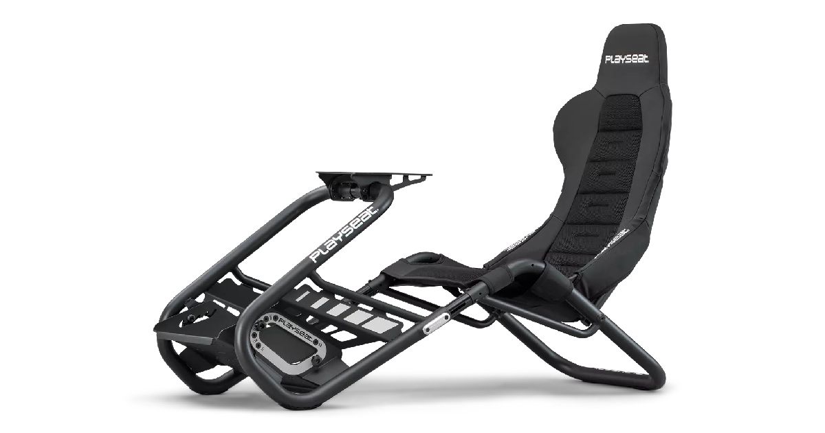 Playseat Trophy product image of a black racing seat attached to a wheel and pedal stand featuring white branding.