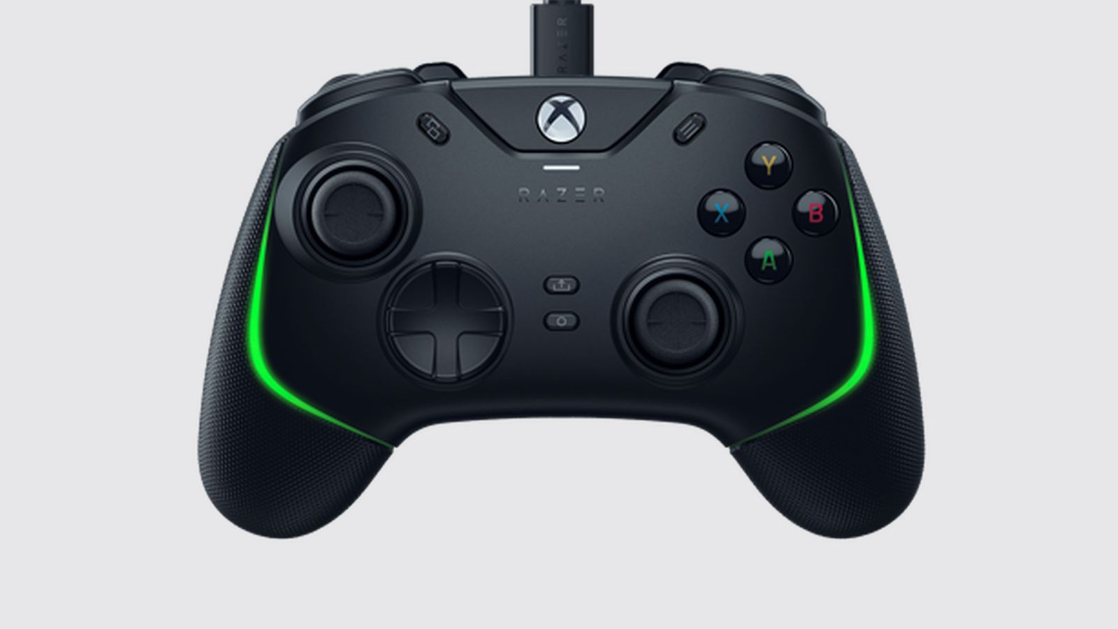 Razer Wolverine V2 product image of a black Xbox-style gamepad featuring green lighting.