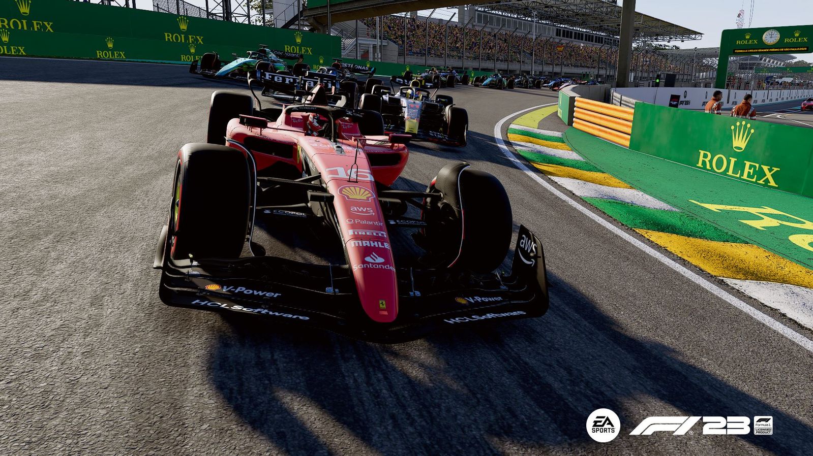 The Ferrari of Charles Leclerc leading the field through the Senna esses in Brazil in F1 23