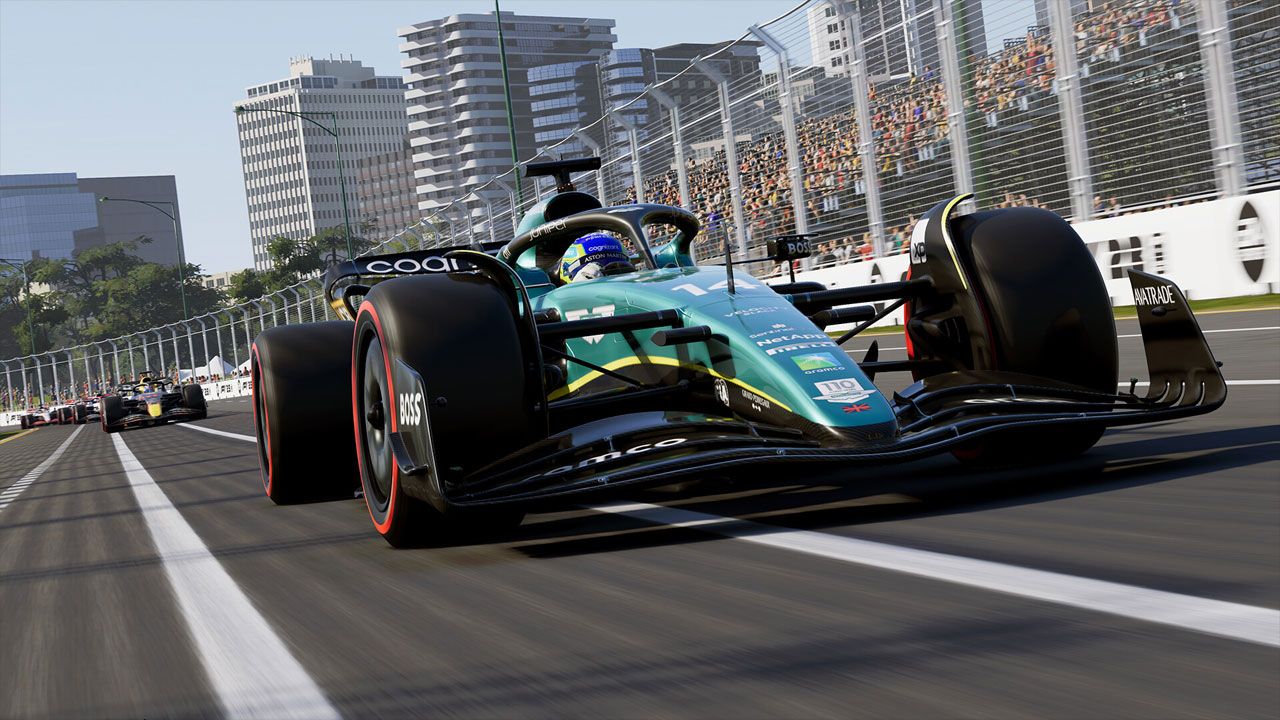 F1 23 in-game shot of the dark green Aston Martin on a track.