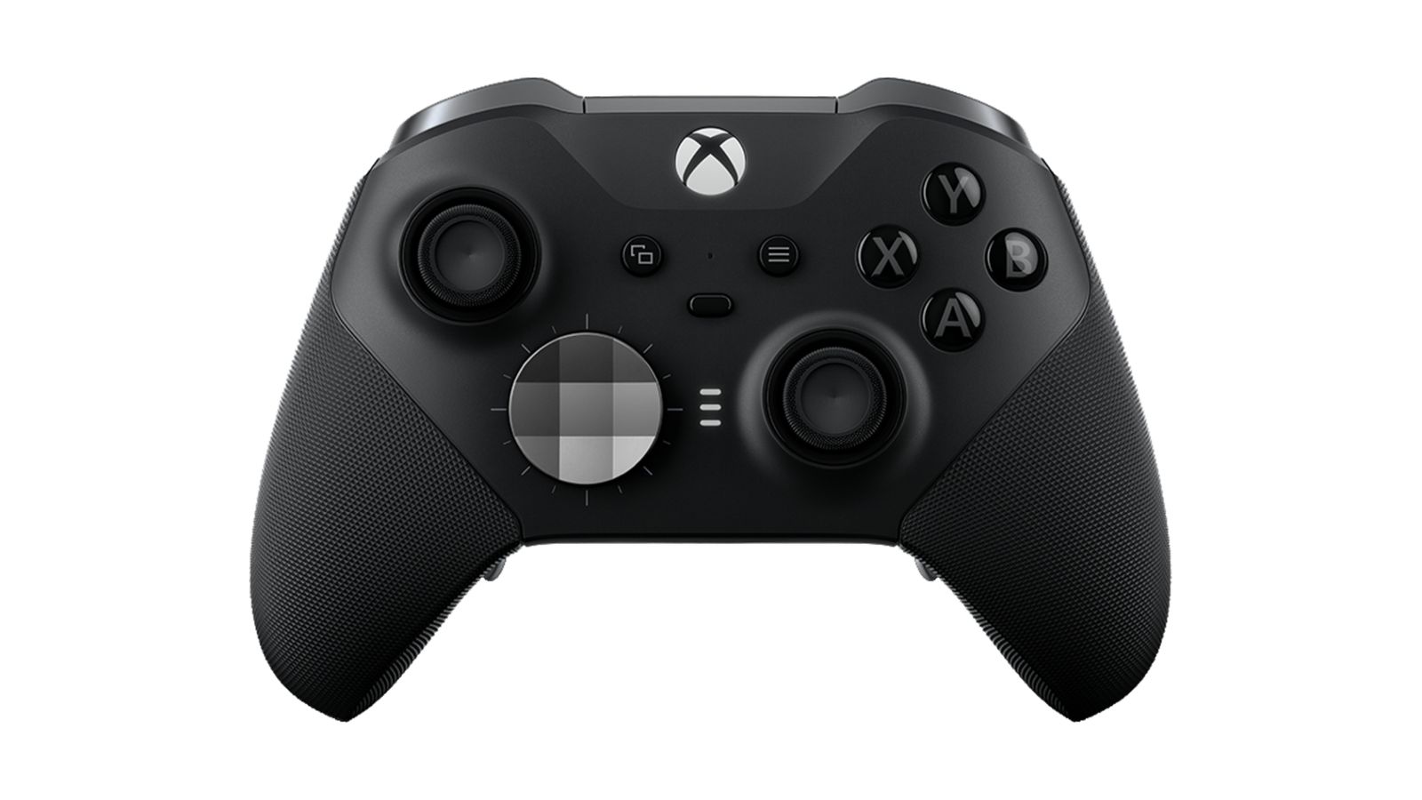 Xbox Elite Series 2 product image of a black Xbox controller featuring a white and grey track pad on the left.
