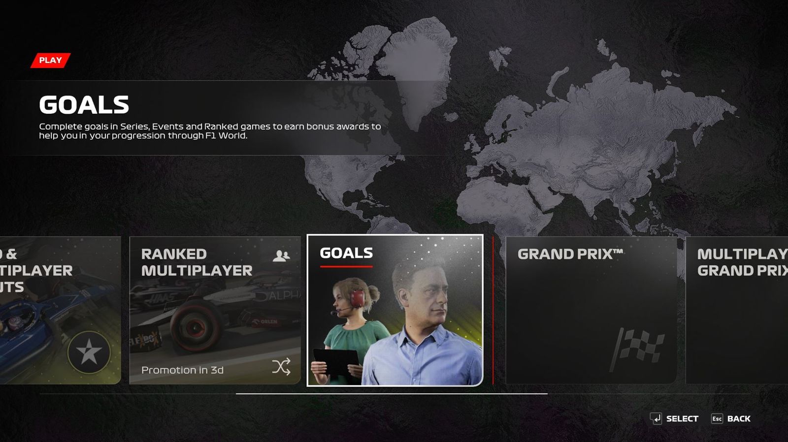 The Goals option on the F1 World menu in F1 23