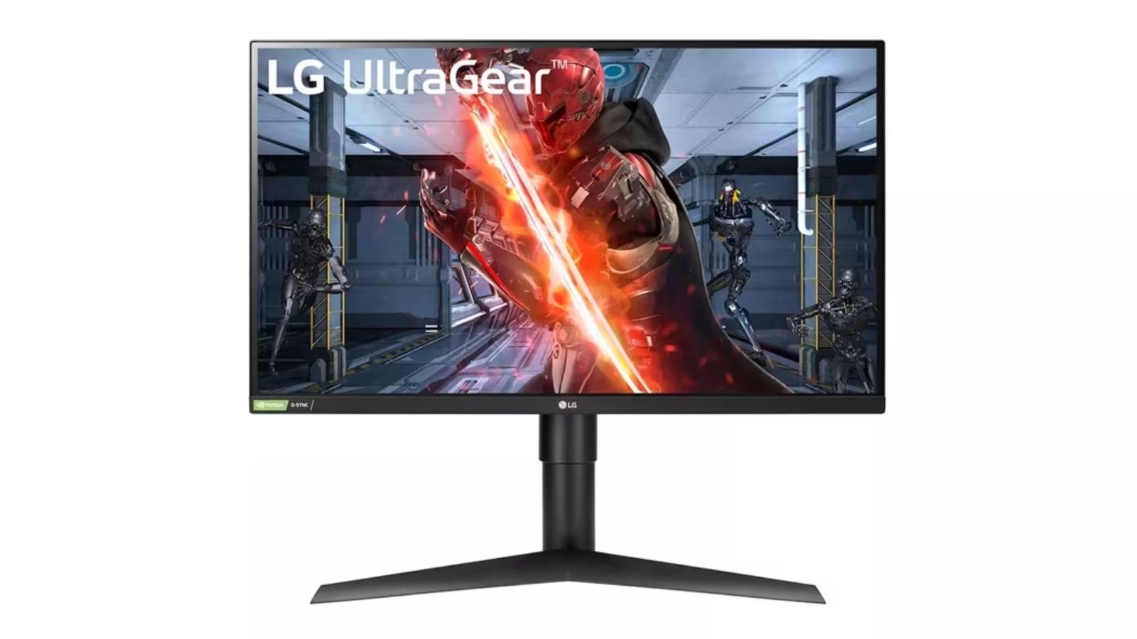 LG Ultragear 27GL83A-B product image of a character in a red mask holding a flaming sword on the display.
