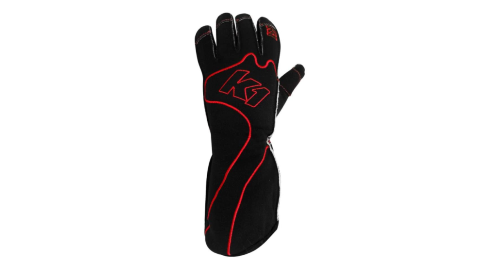 K1 Race Gear RS1 product image of a black glove with red details and branding.