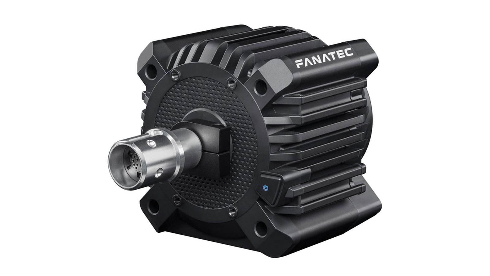 Fanatec GT DD Pro product image of a black wheel base with a silver connector mount.