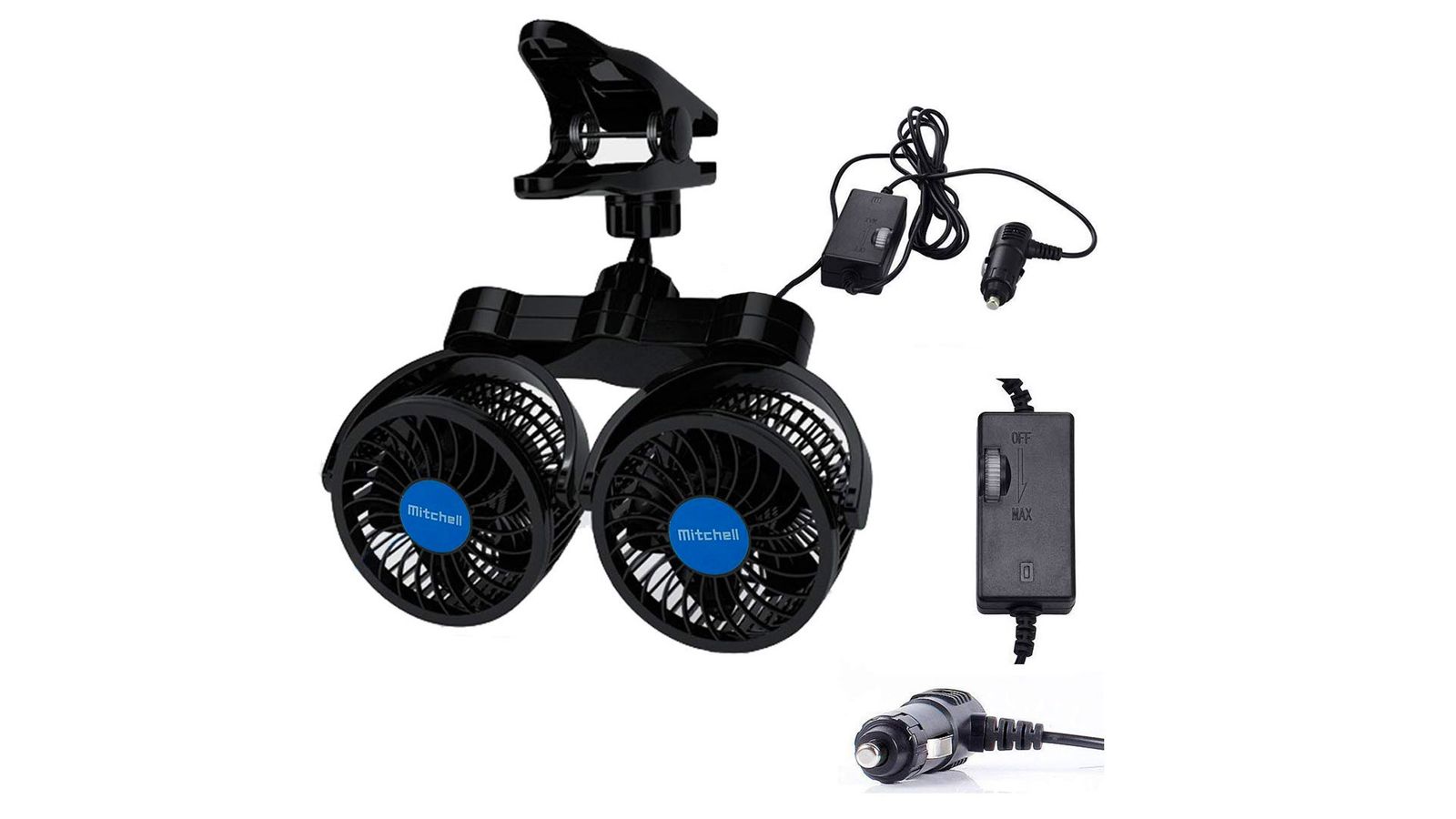 QIFUN Adjustable Dual Head Clip Fan product image of two black fans with blue details.