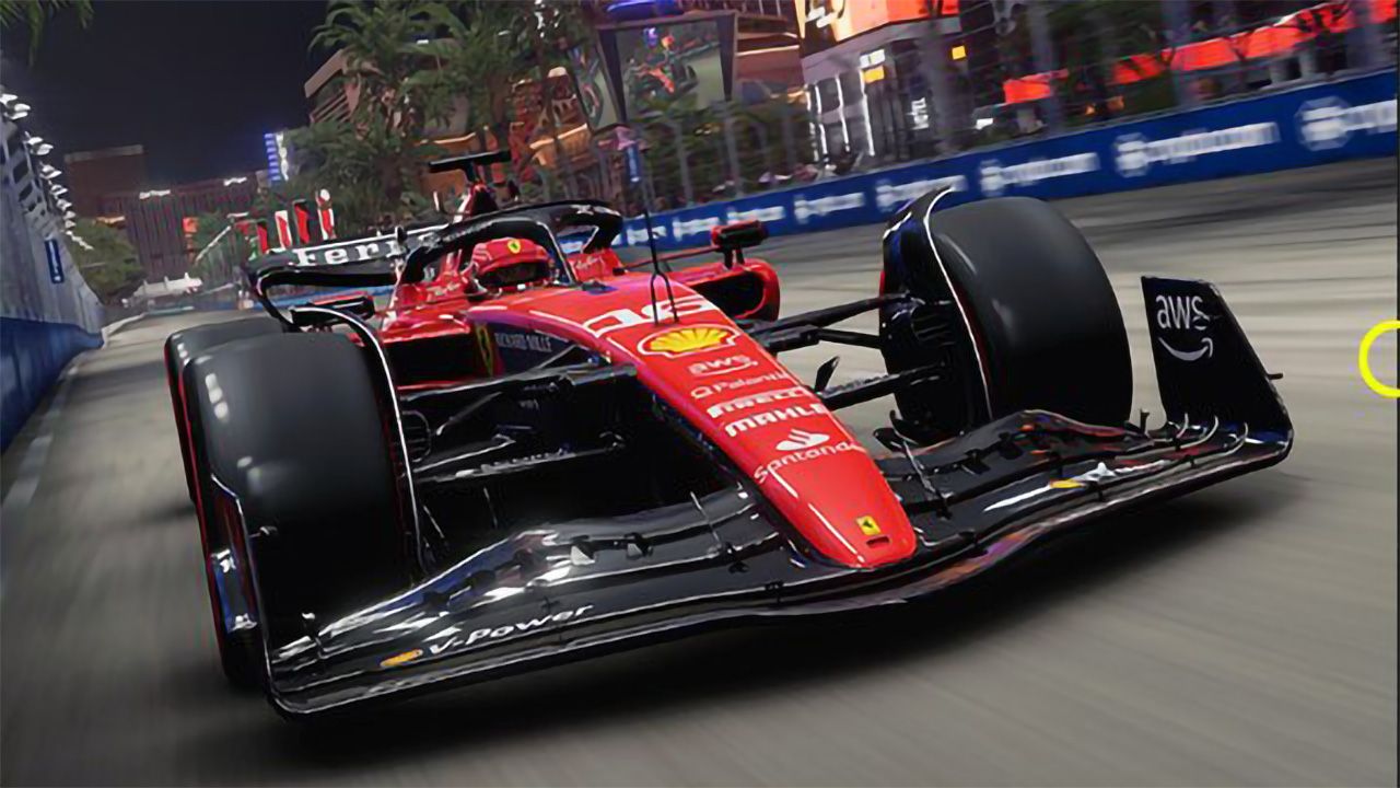 F1 23 shot of Charles Leclerc's Ferrari in Las Vegas