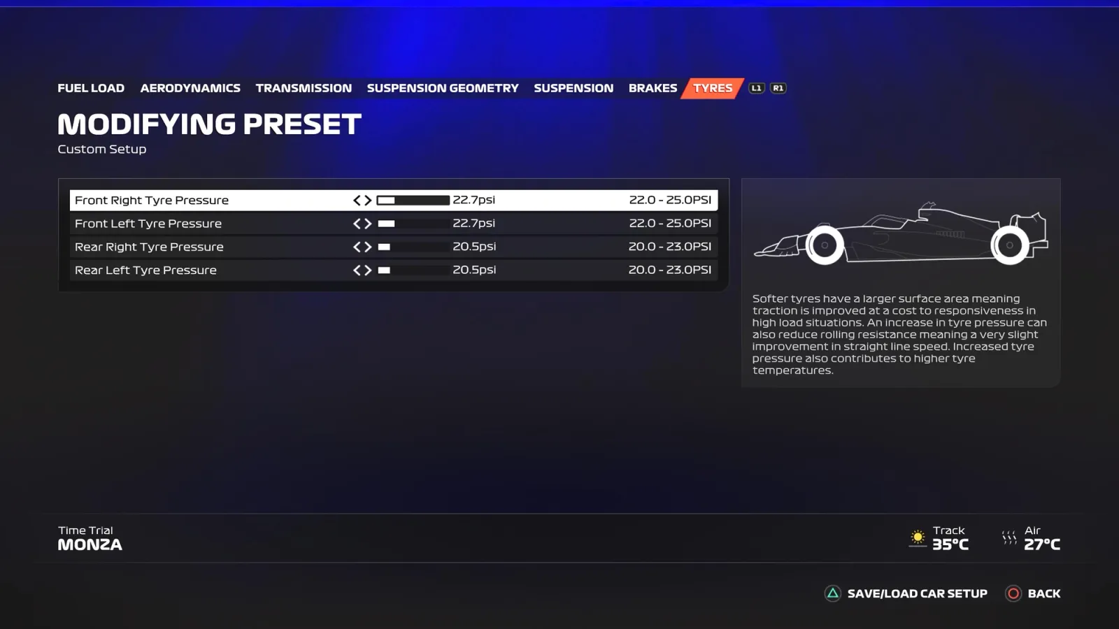 F1 23 Italy setup tyres screen showing the ideal settings