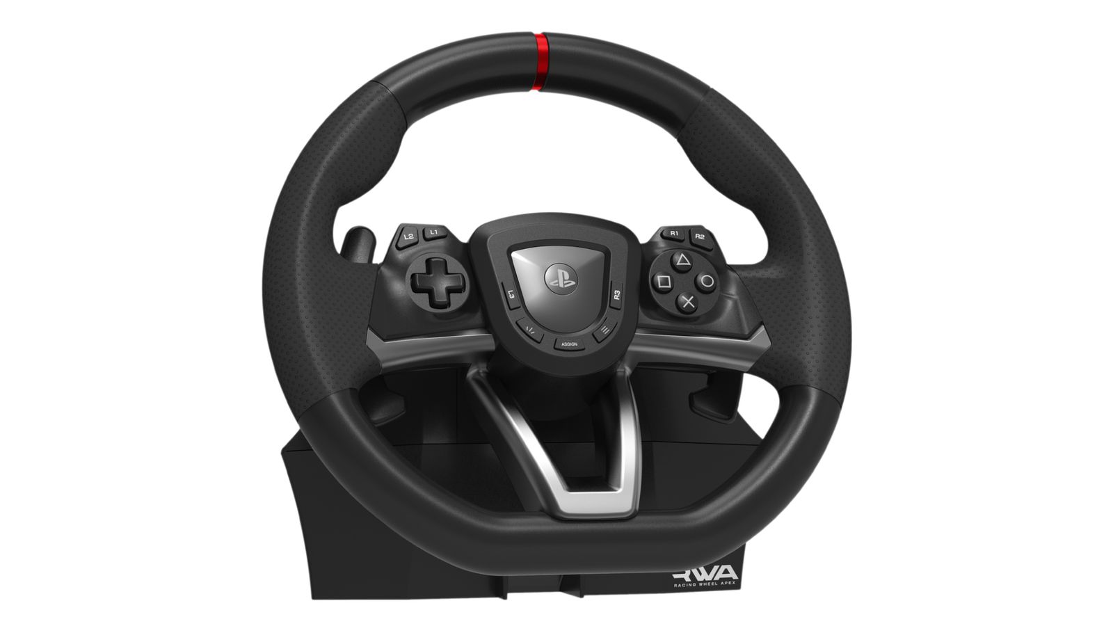 Hori Racing Wheel Apex product image of a black racing wheel with a red centre line at the top of the wheel.