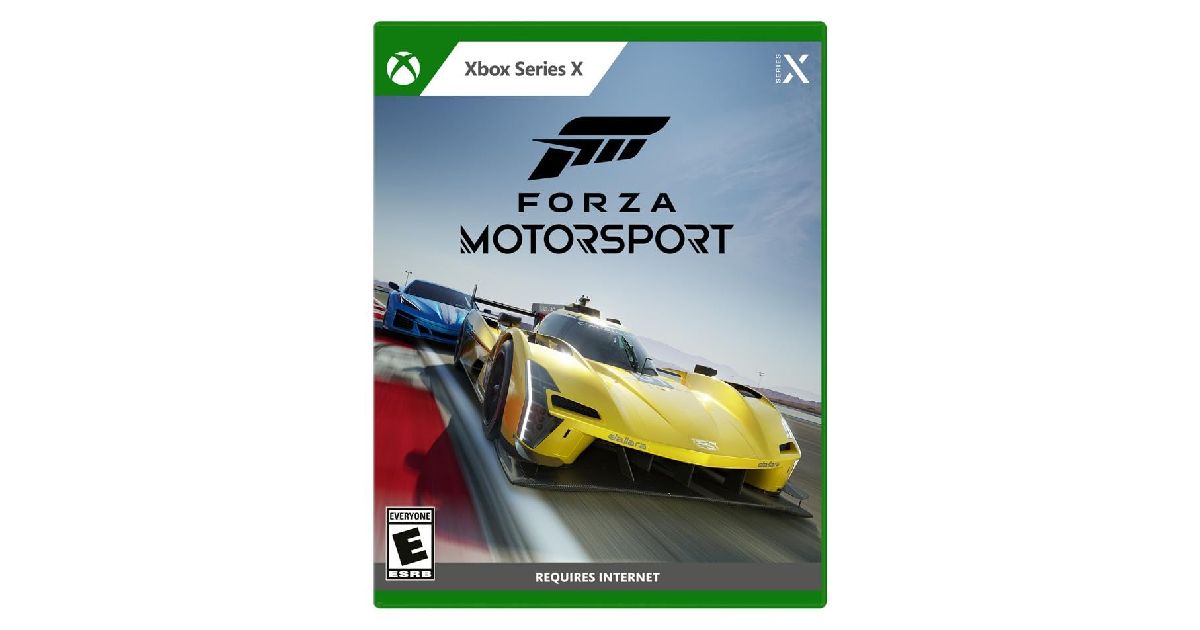 The Forza Motorsport Xbox Series X cover featuring a yellow super car ahead of a blue car on a track.
