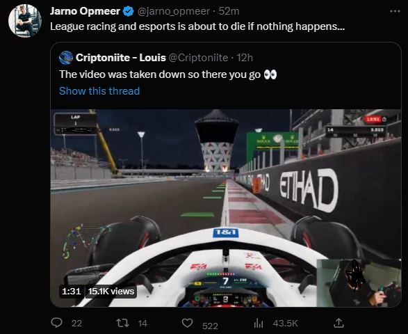 Two-time F1 Esports champion Jarno Opmeer weighing in on Twitter