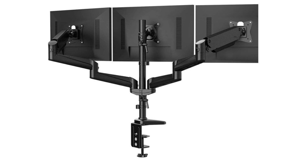HUANUO Triple Monitor Stand product image of an upright all-black stand featuring three monitors connected.