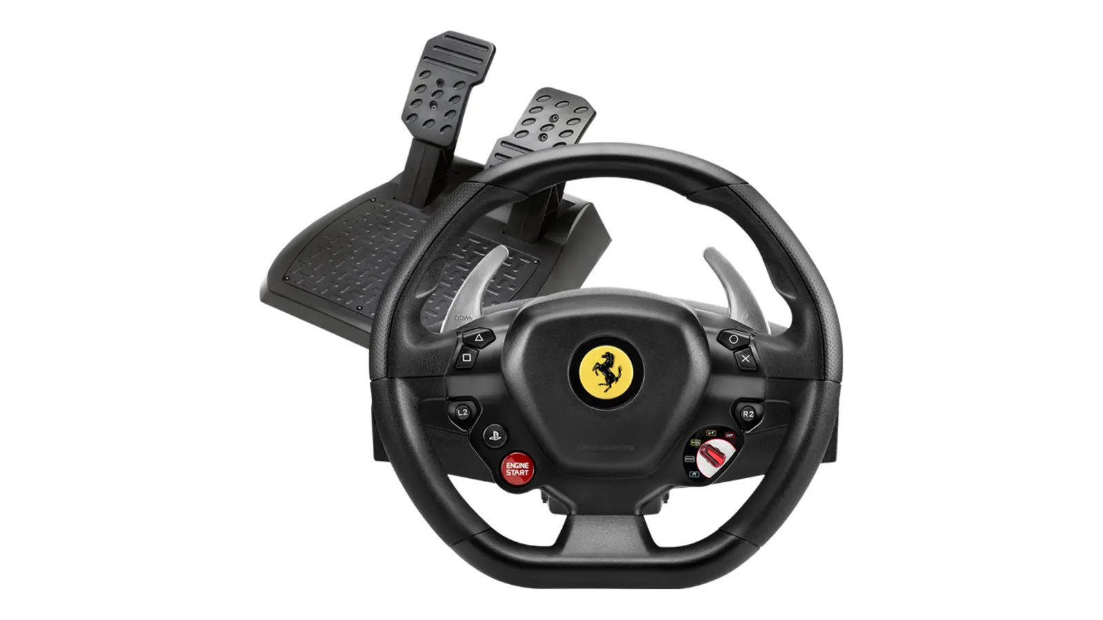 Thrustmaster T80 Ferrari 488 GTB Edition product image of a black racing wheel featuring red buttons and a Ferrari logo in the centre next to a set of pedals.