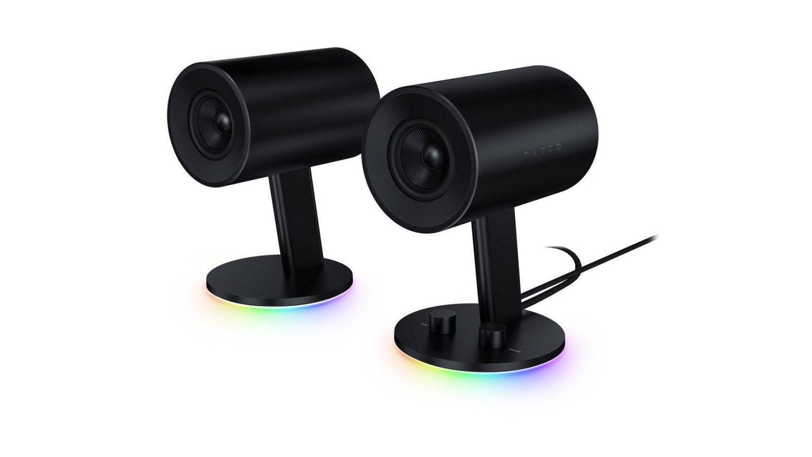 Best gift ideas for racing games - Razer Nommo Chroma 2.0 product image of a pair of black speakers with multi-coloured Chroma lights.