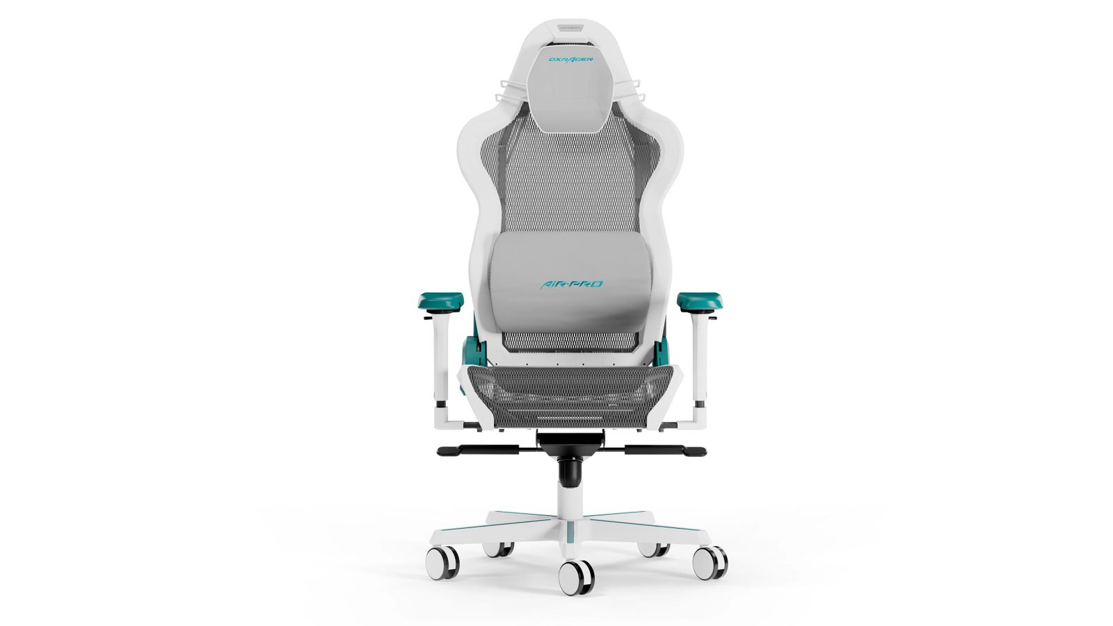 DXRacer Air R1S-WQG product image of a white and grey gaming chair featuring turquoise details.