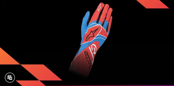 Image of a red and blue racing glove on a black background.