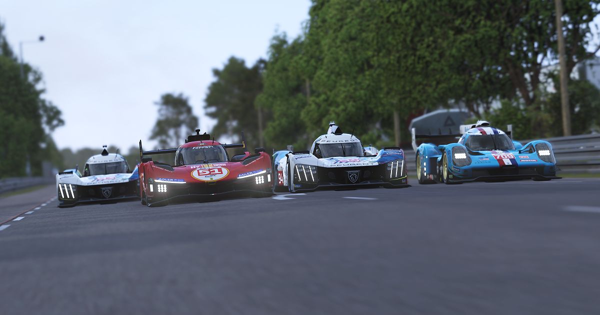 Four racing cars side-by-side on a track, two of which are white, one is red, and the other is light blue.