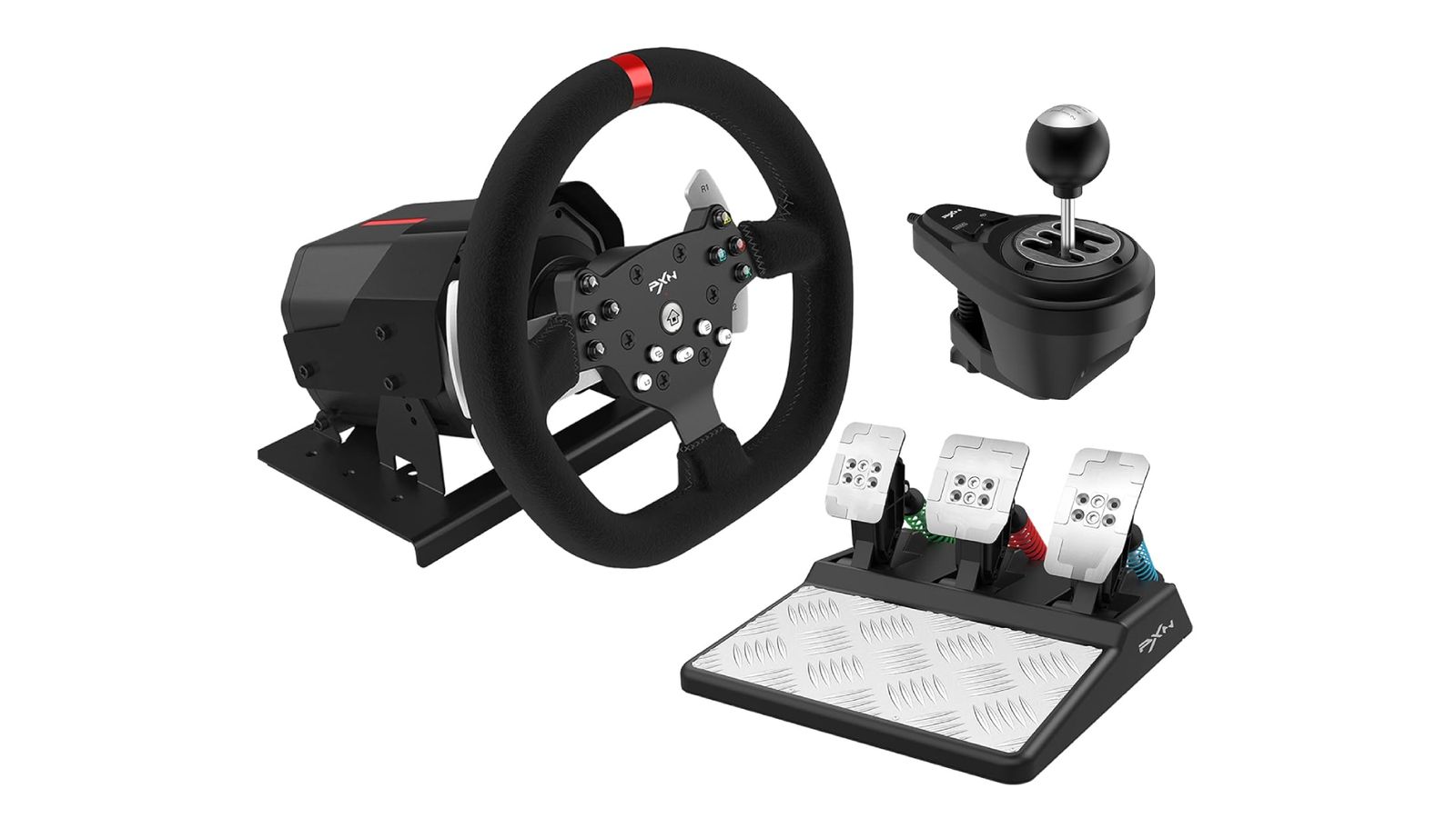 PXN V10 product image of a black racing wheel with a red centre line at the top next to a set of black and silver metal pedals and a gear shifter.
