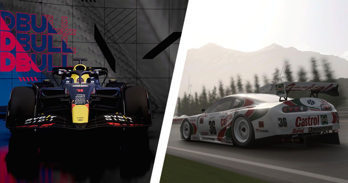 The navy, yellow, and red Red Bull F1 car on one side of a diagonal white line. On the other, a white Toyota in Gran Turismo 7 with red and green Castrol branding across it.