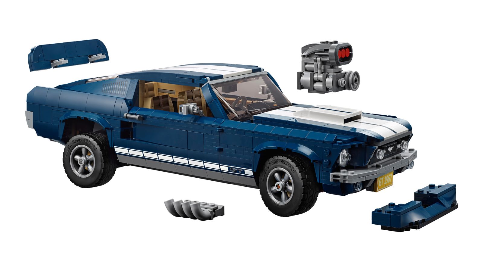 LEGO Creator 1960s Ford Mustang product image of a blue Ford Mustang with white racing stripes.