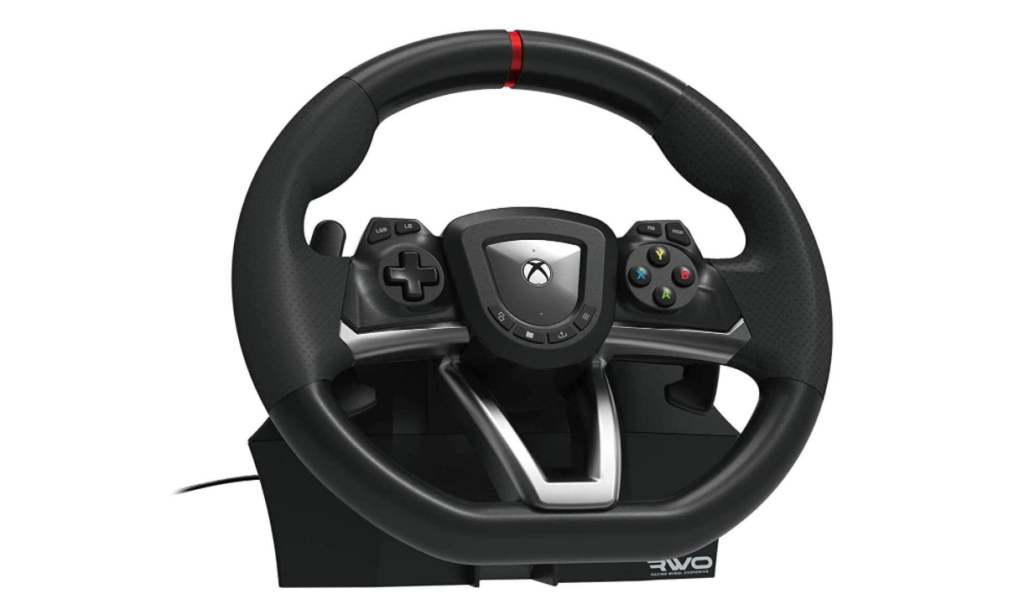 Hori Overdrive product image of a black racing wheel with Xbox branding in the centre and red centre line.