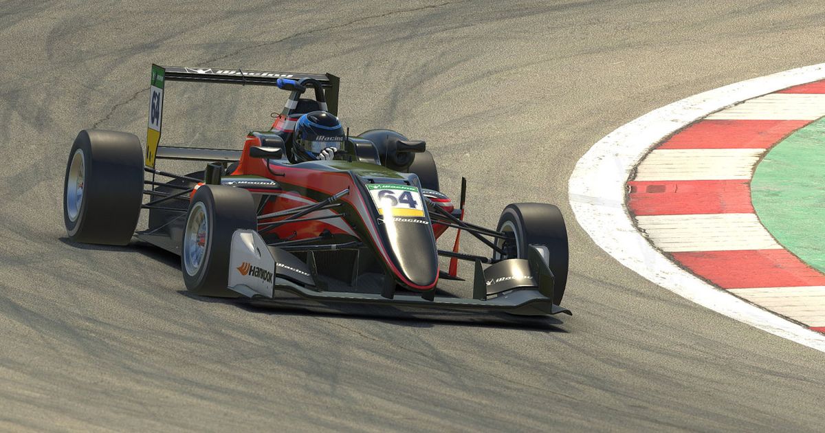 iRacing in-game image of a black and red Formula-style car racing on a track.